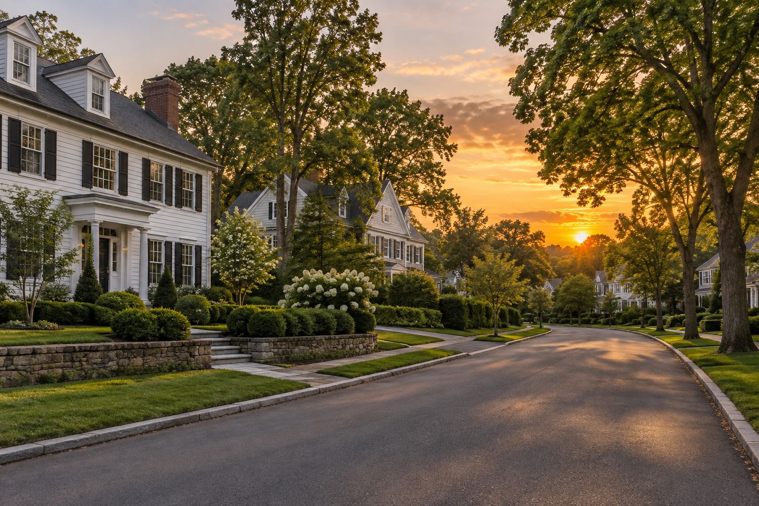 A Greenwich residential street at sunset, illustrative