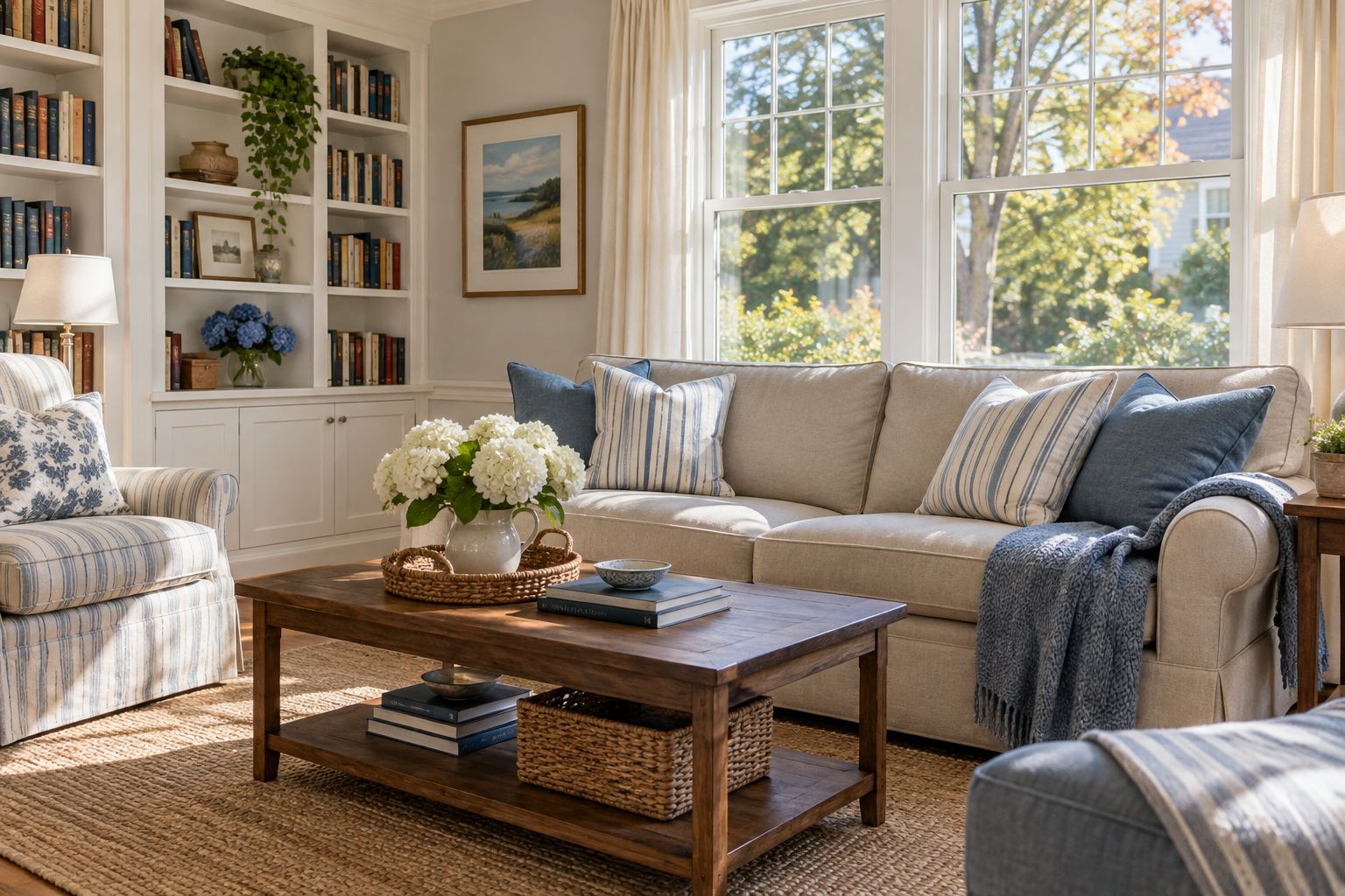 A cozy Greenwich living room, illustrative